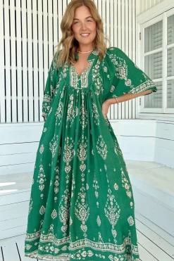 Boheme Midi Dress - Piping Defined Bust Slimline Smock Dress in Kiva Print><noscript><img width=