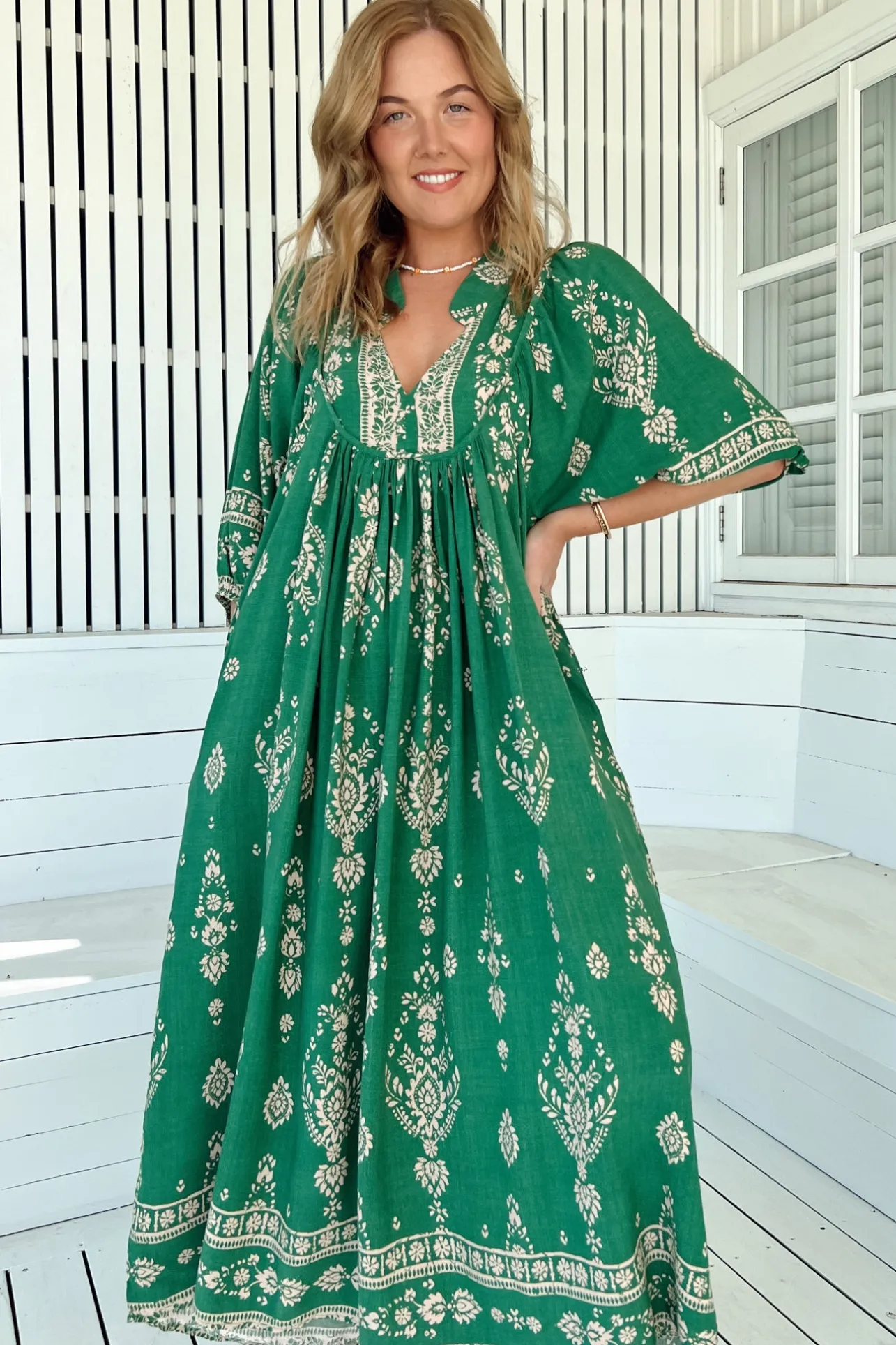 Boheme Midi Dress - Piping Defined Bust Slimline Smock Dress in Kiva Print>Jaase