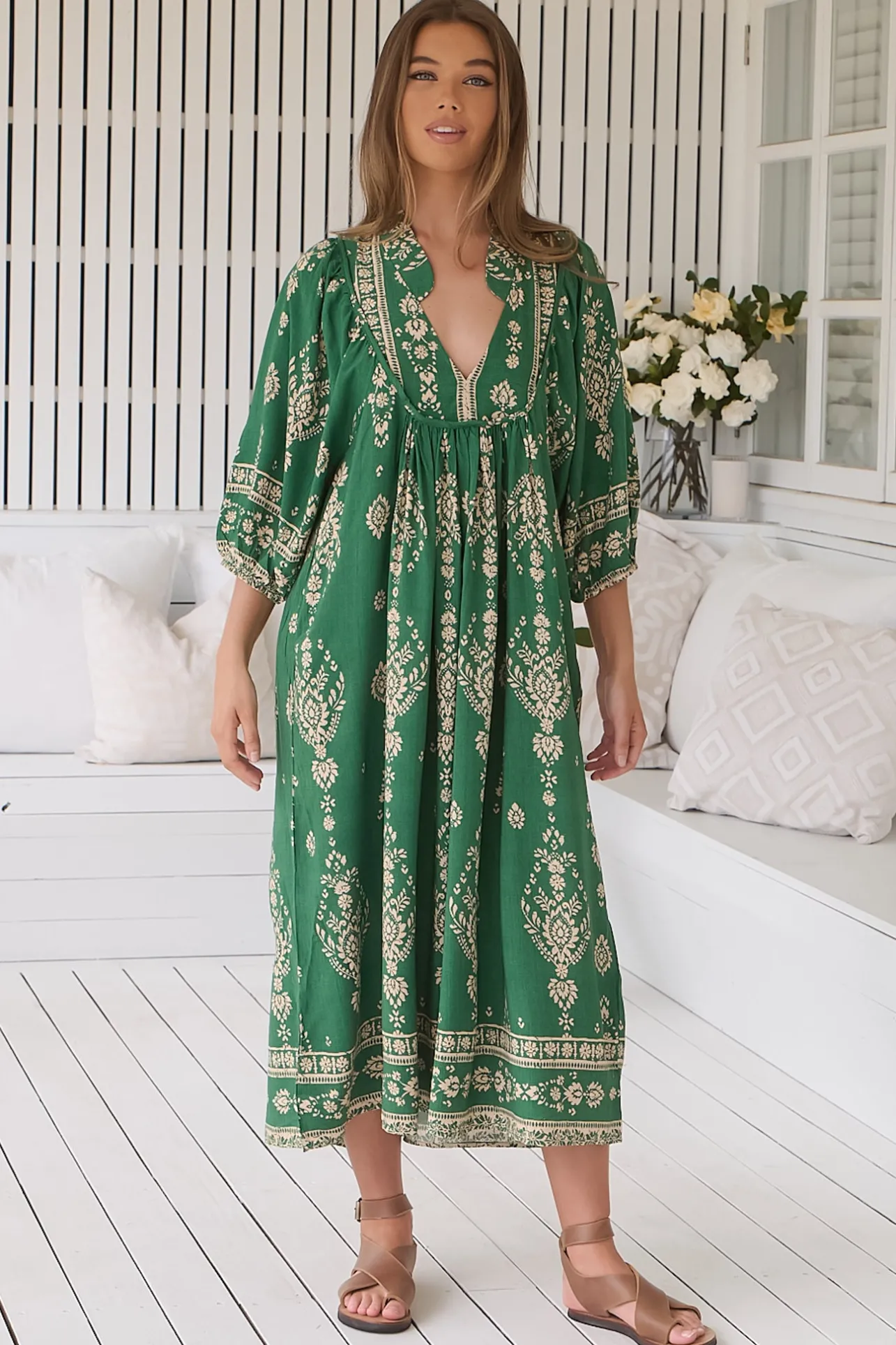Boheme Midi Dress - Piping Defined Bust Slimline Smock Dress in Kiva Print>Jaase