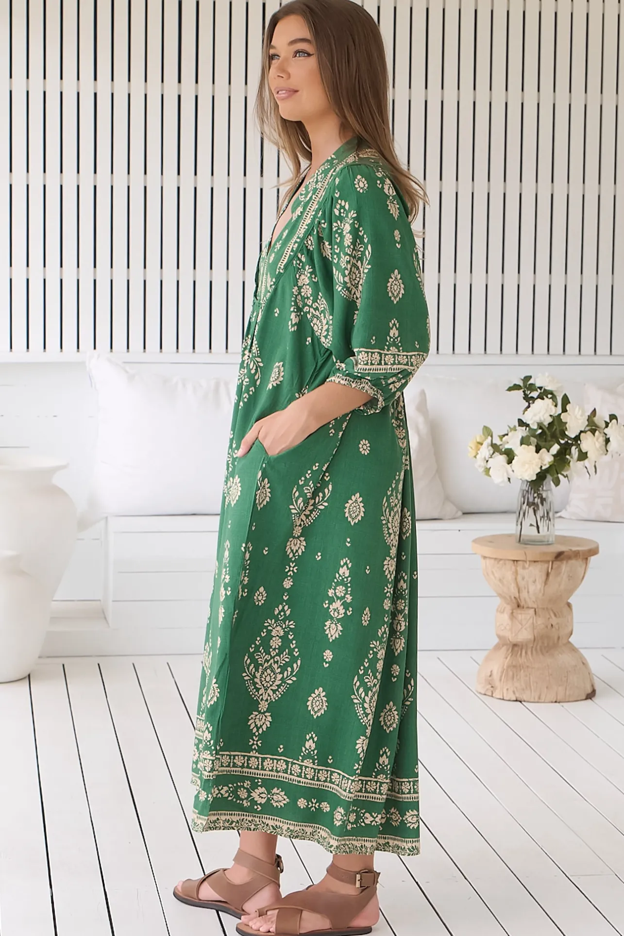 Boheme Midi Dress - Piping Defined Bust Slimline Smock Dress in Kiva Print>Jaase