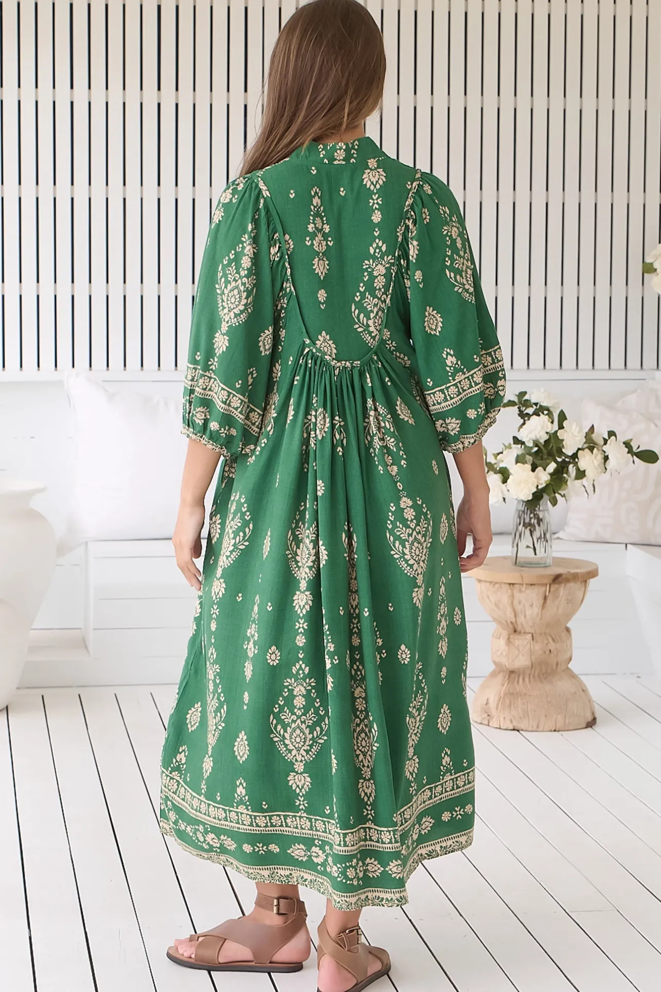 Boheme Midi Dress - Piping Defined Bust Slimline Smock Dress in Kiva Print>Jaase