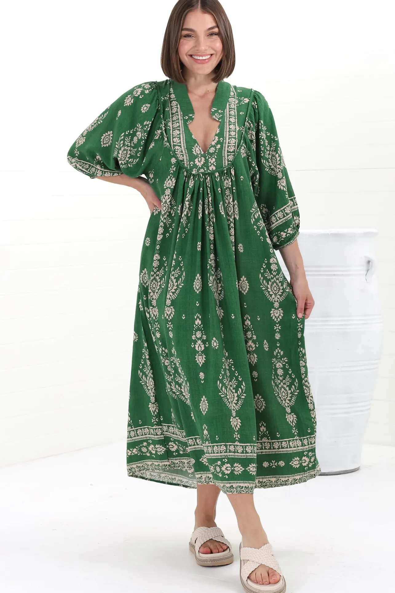 Boheme Midi Dress - Piping Defined Bust Slimline Smock Dress in Kiva Print>Jaase