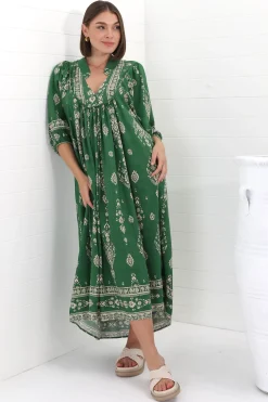 Boheme Midi Dress - Piping Defined Bust Slimline Smock Dress in Kiva Print><noscript><img width=