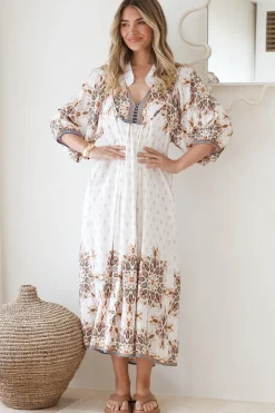 Boheme Midi Dress - Piping Defined Bust Slimline Smock Dress In Gemstone Print><noscript><img width=
