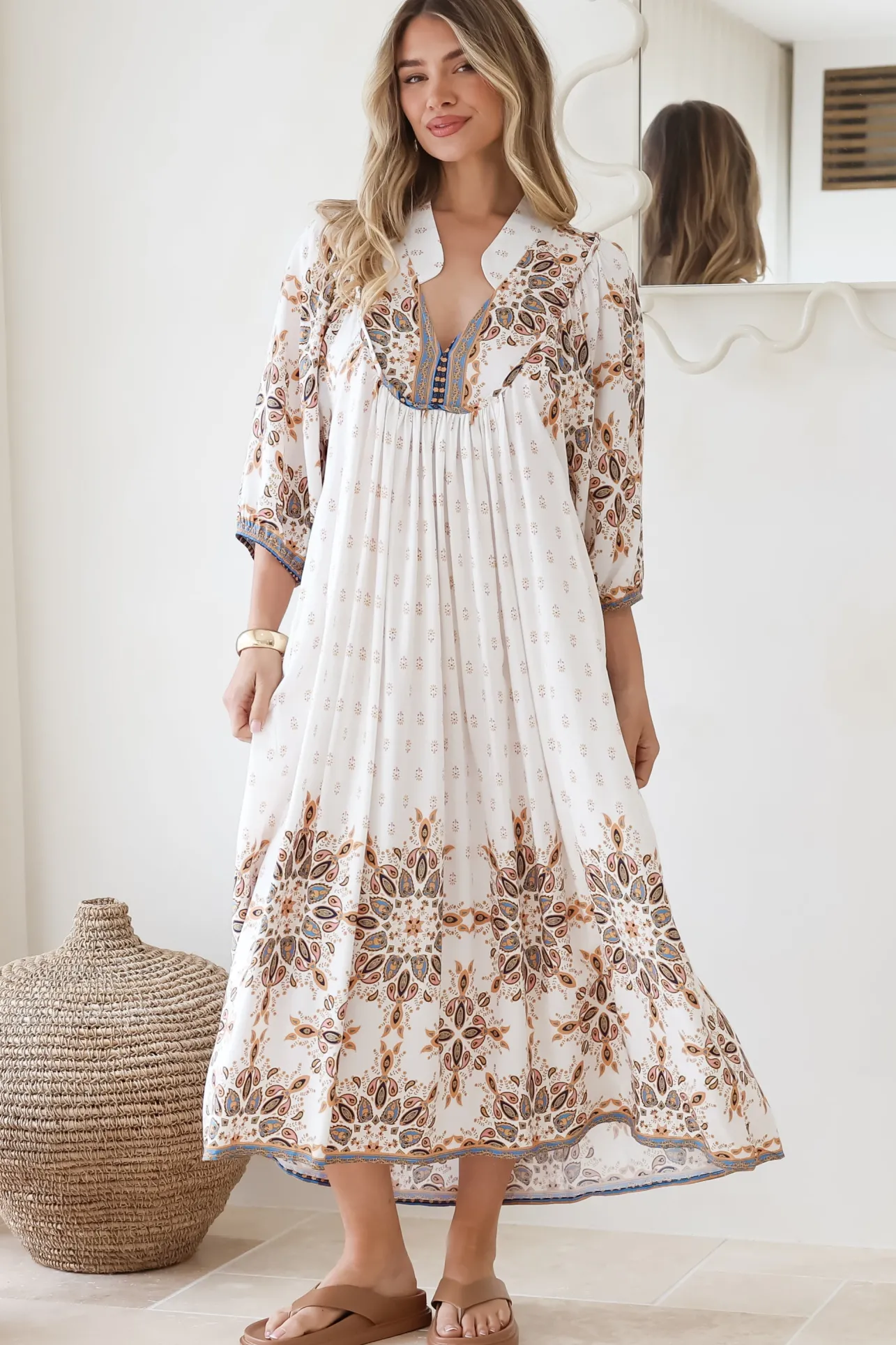 Boheme Midi Dress - Piping Defined Bust Slimline Smock Dress In Gemstone Print>Jaase