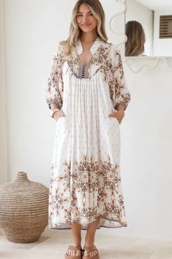 Boheme Midi Dress - Piping Defined Bust Slimline Smock Dress In Gemstone Print><noscript><img width=