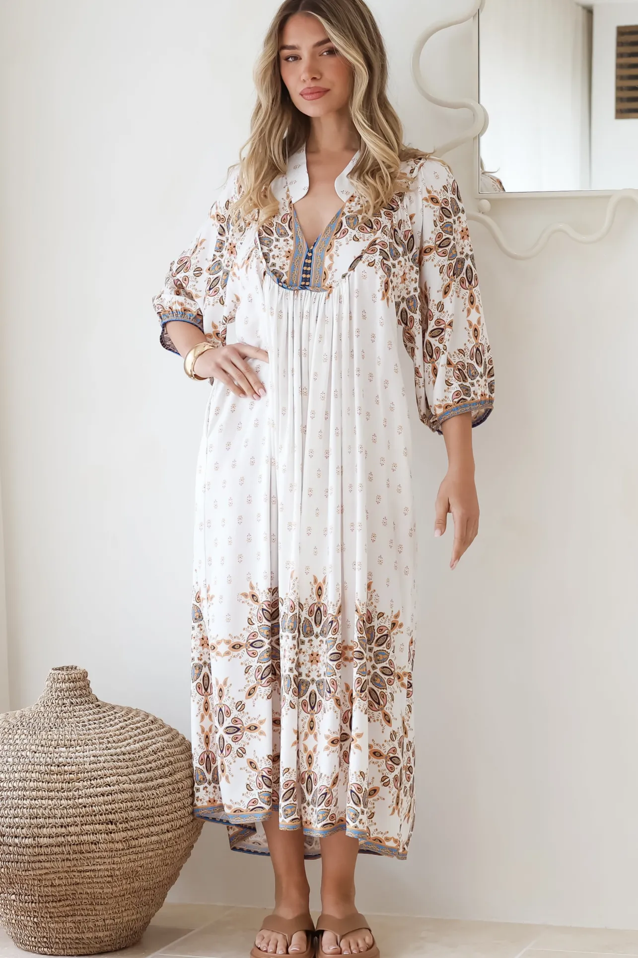Boheme Midi Dress - Piping Defined Bust Slimline Smock Dress In Gemstone Print>Jaase