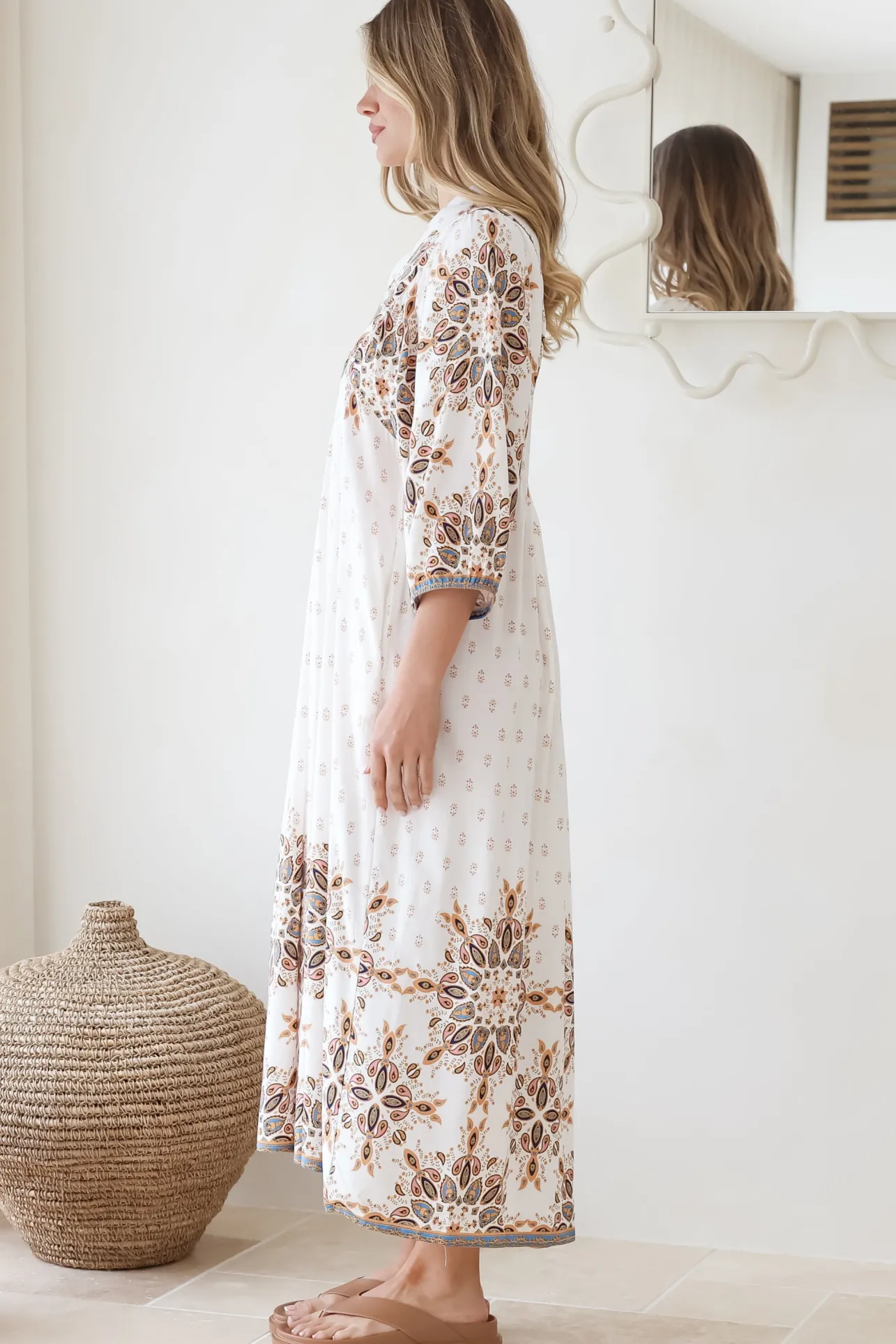 Boheme Midi Dress - Piping Defined Bust Slimline Smock Dress In Gemstone Print>Jaase
