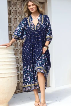 Boheme Midi Dress - Piping Defined Bust Slimline Smock Dress In Wild Indigo Print><noscript><img width=