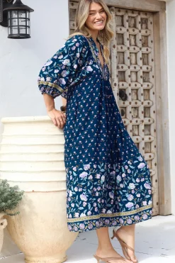 Boheme Midi Dress - Piping Defined Bust Slimline Smock Dress In Wild Indigo Print><noscript><img width=
