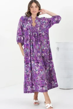 Boheme Midi Dress - Piping Defined Bust Slimline Smock Dress in Rhodium Print>Jaase Hot