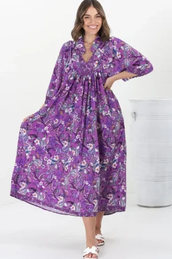 Boheme Midi Dress - Piping Defined Bust Slimline Smock Dress in Rhodium Print><noscript><img width=