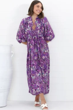 Boheme Midi Dress - Piping Defined Bust Slimline Smock Dress in Rhodium Print><noscript><img width=