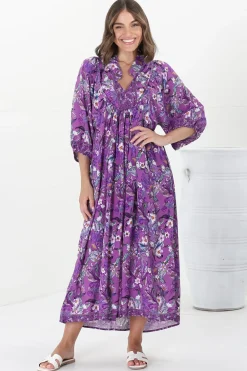 Boheme Midi Dress - Piping Defined Bust Slimline Smock Dress in Rhodium Print><noscript><img width=