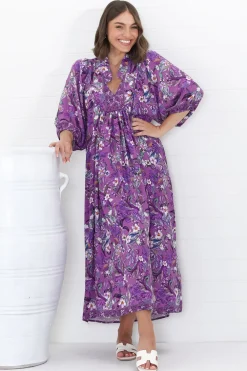 Boheme Midi Dress - Piping Defined Bust Slimline Smock Dress in Rhodium Print><noscript><img width=