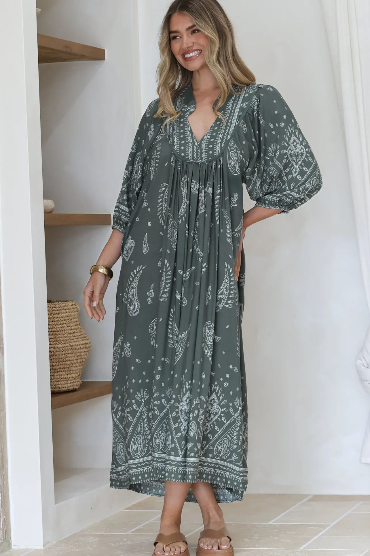 Boheme Midi Dress - Piping Defined Bust Slimline Smock Dress In Constance Print>Jaase Clearance