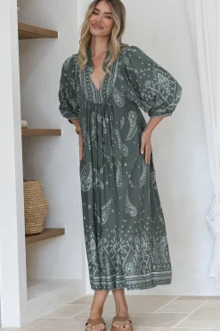 Boheme Midi Dress - Piping Defined Bust Slimline Smock Dress In Constance Print>Jaase Clearance