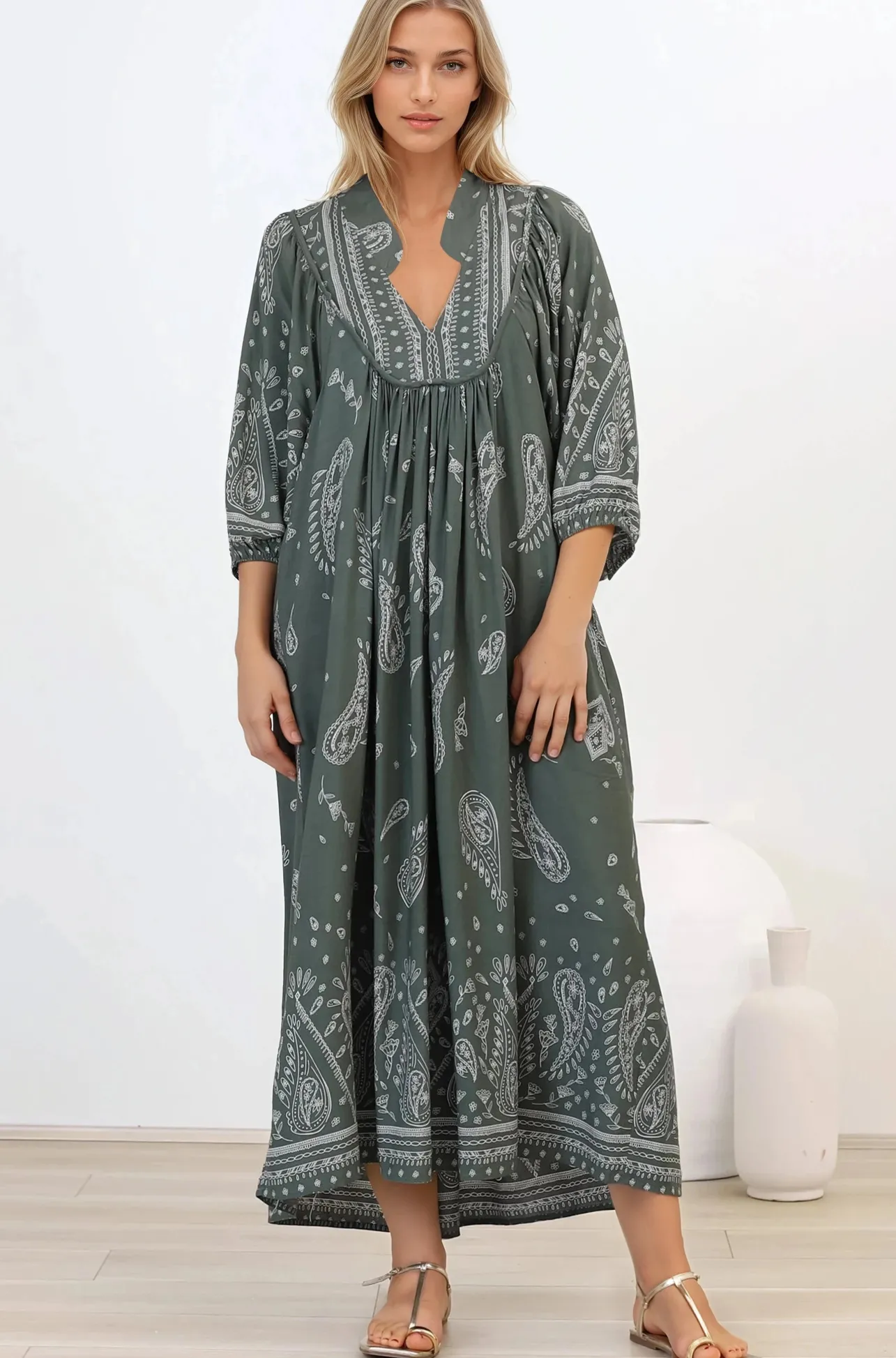 Boheme Midi Dress - Piping Defined Bust Slimline Smock Dress In Constance Print>Jaase Clearance