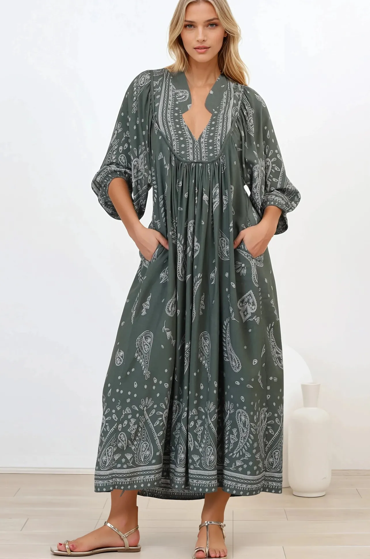 Boheme Midi Dress - Piping Defined Bust Slimline Smock Dress In Constance Print>Jaase Clearance