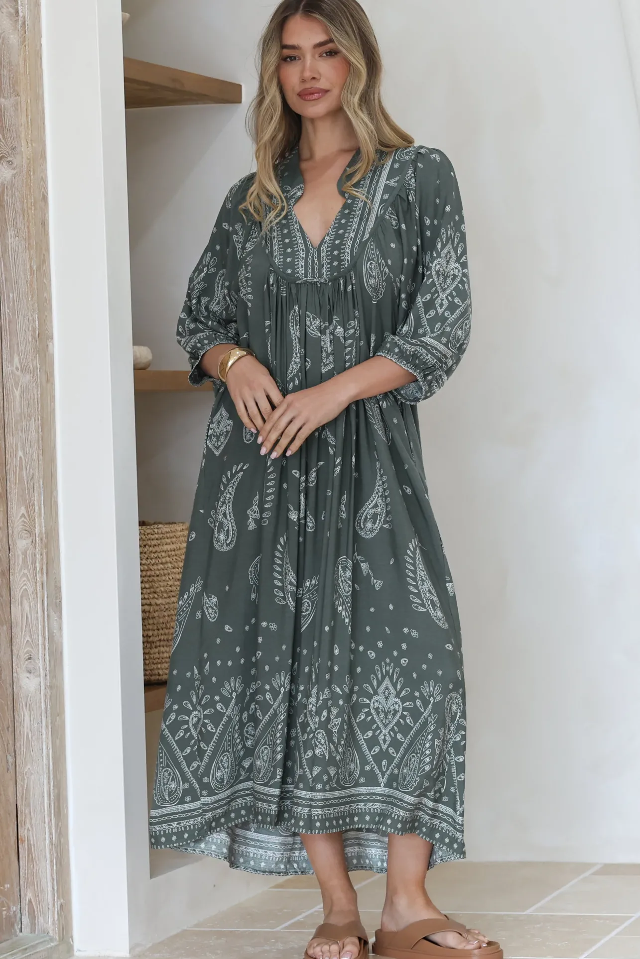 Boheme Midi Dress - Piping Defined Bust Slimline Smock Dress In Constance Print>Jaase Clearance