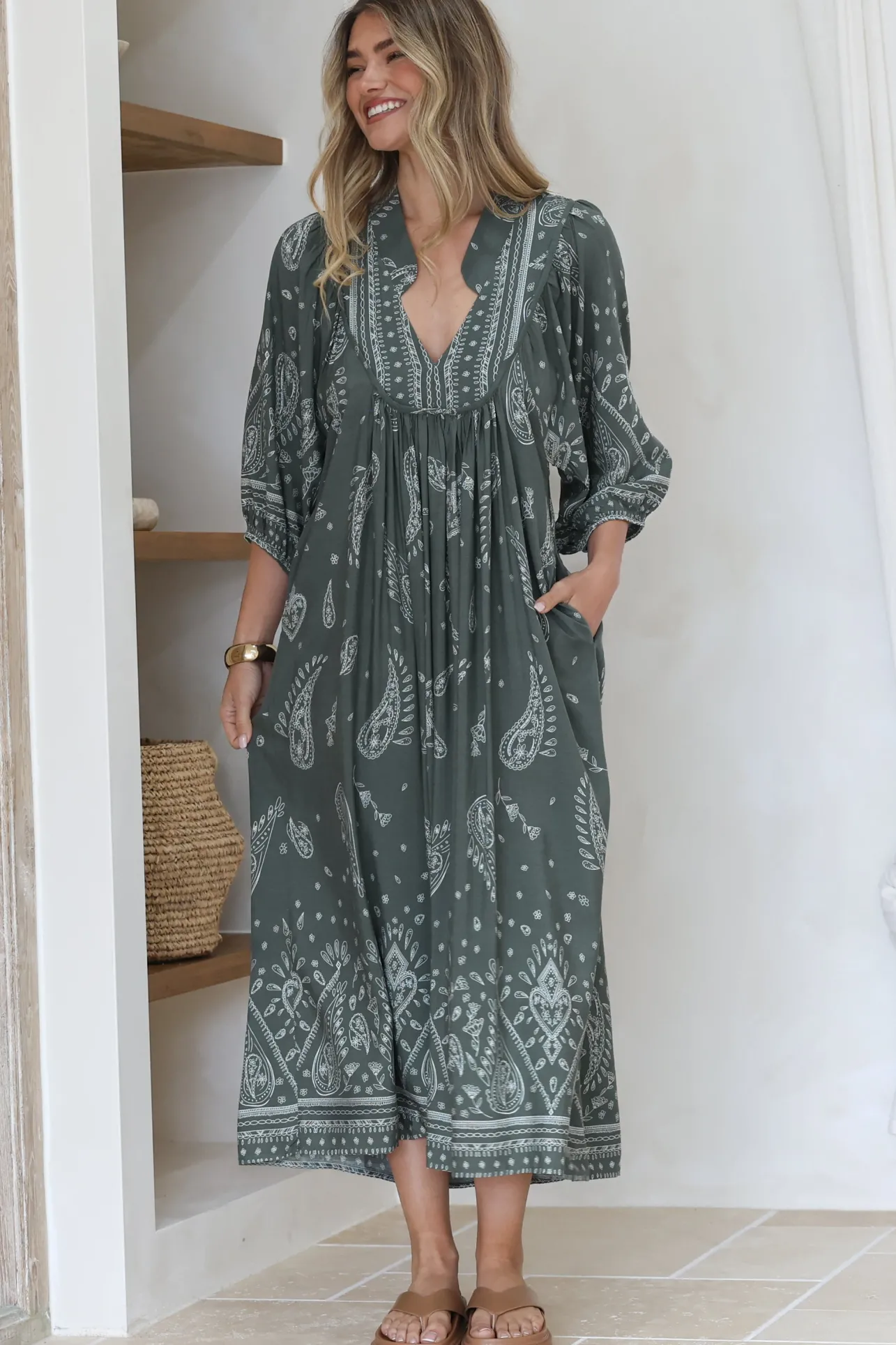Boheme Midi Dress - Piping Defined Bust Slimline Smock Dress In Constance Print>Jaase Clearance