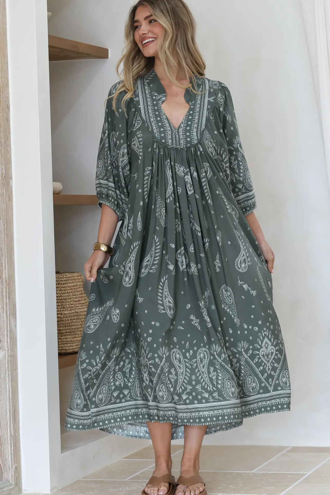 Boheme Midi Dress - Piping Defined Bust Slimline Smock Dress In Constance Print>Jaase Clearance