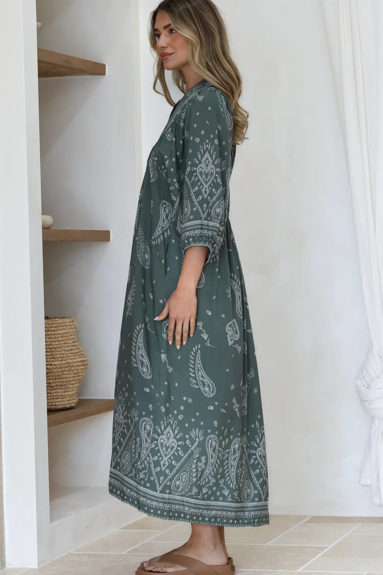 Boheme Midi Dress - Piping Defined Bust Slimline Smock Dress In Constance Print>Jaase Clearance