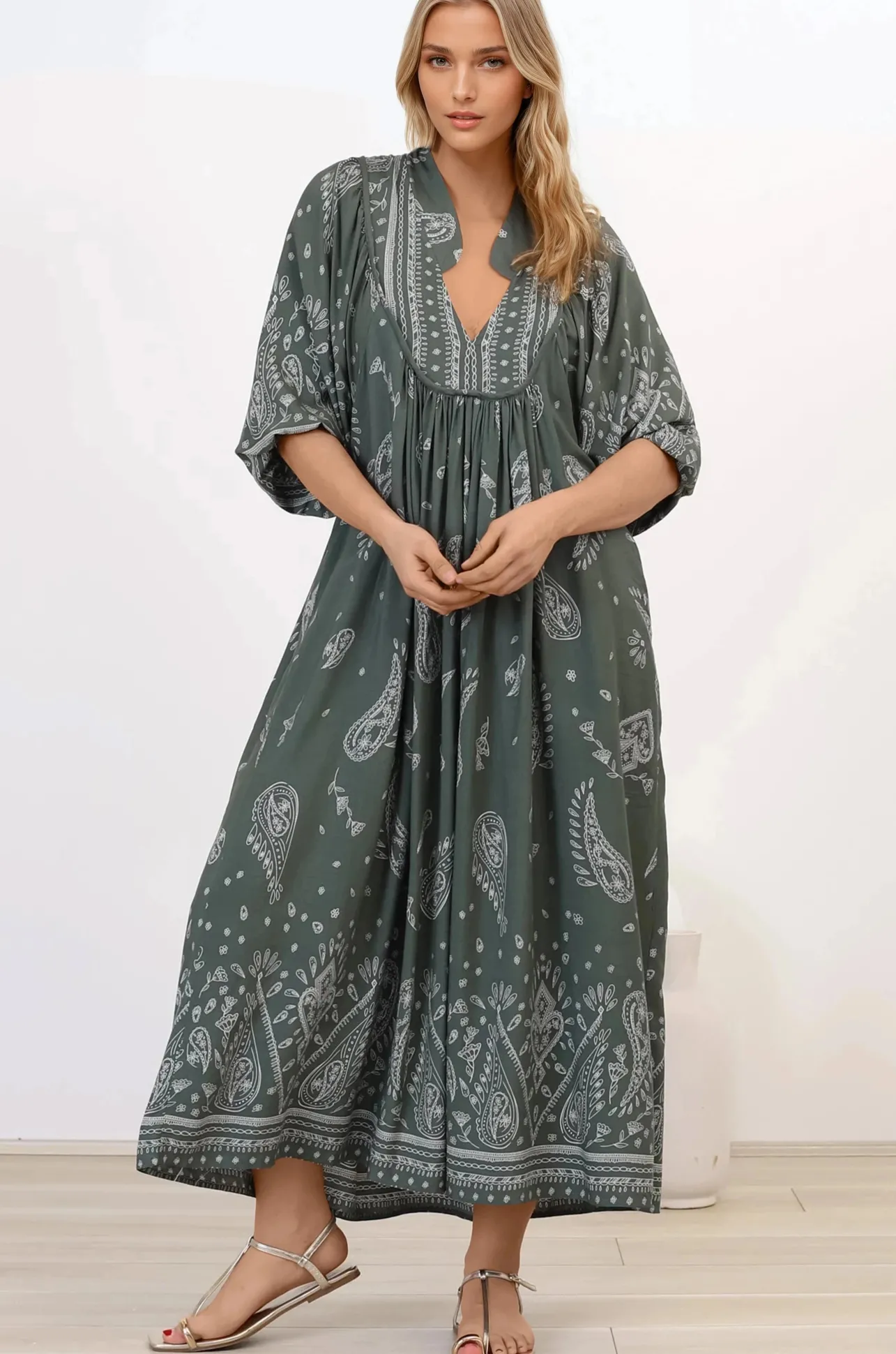 Boheme Midi Dress - Piping Defined Bust Slimline Smock Dress In Constance Print>Jaase Clearance