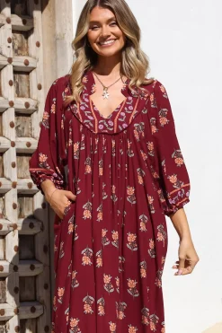 Boheme Midi Dress - Piping Defined Bust 3/4 Sleeve Smock Dress in Grenache Print>Jaase Online