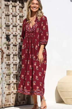 Boheme Midi Dress - Piping Defined Bust 3/4 Sleeve Smock Dress in Grenache Print><noscript><img width=