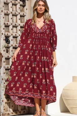 Boheme Midi Dress - Piping Defined Bust 3/4 Sleeve Smock Dress in Grenache Print><noscript><img width=