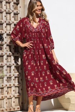 Boheme Midi Dress - Piping Defined Bust 3/4 Sleeve Smock Dress in Grenache Print><noscript><img width=
