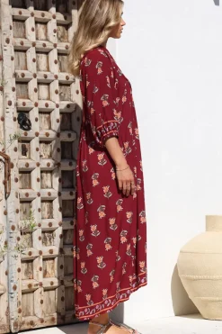 Boheme Midi Dress - Piping Defined Bust 3/4 Sleeve Smock Dress in Grenache Print><noscript><img width=