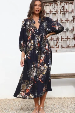 Boheme Midi Dress - Piping Defined Bust Slimline Smock Dress In Indigo Print>Jaase New