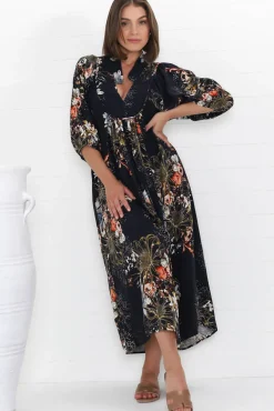 Boheme Midi Dress - Piping Defined Bust Slimline Smock Dress In Indigo Print>Jaase New