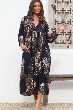 Boheme Midi Dress - Piping Defined Bust Slimline Smock Dress In Indigo Print><noscript><img width=