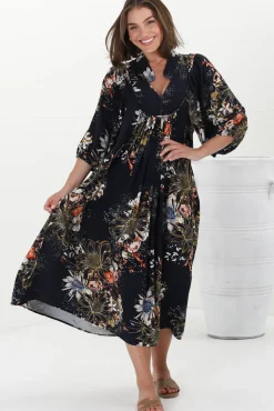 Boheme Midi Dress - Piping Defined Bust Slimline Smock Dress In Indigo Print><noscript><img width=