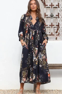 Boheme Midi Dress - Piping Defined Bust Slimline Smock Dress In Indigo Print><noscript><img width=