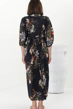 Boheme Midi Dress - Piping Defined Bust Slimline Smock Dress In Indigo Print><noscript><img width=
