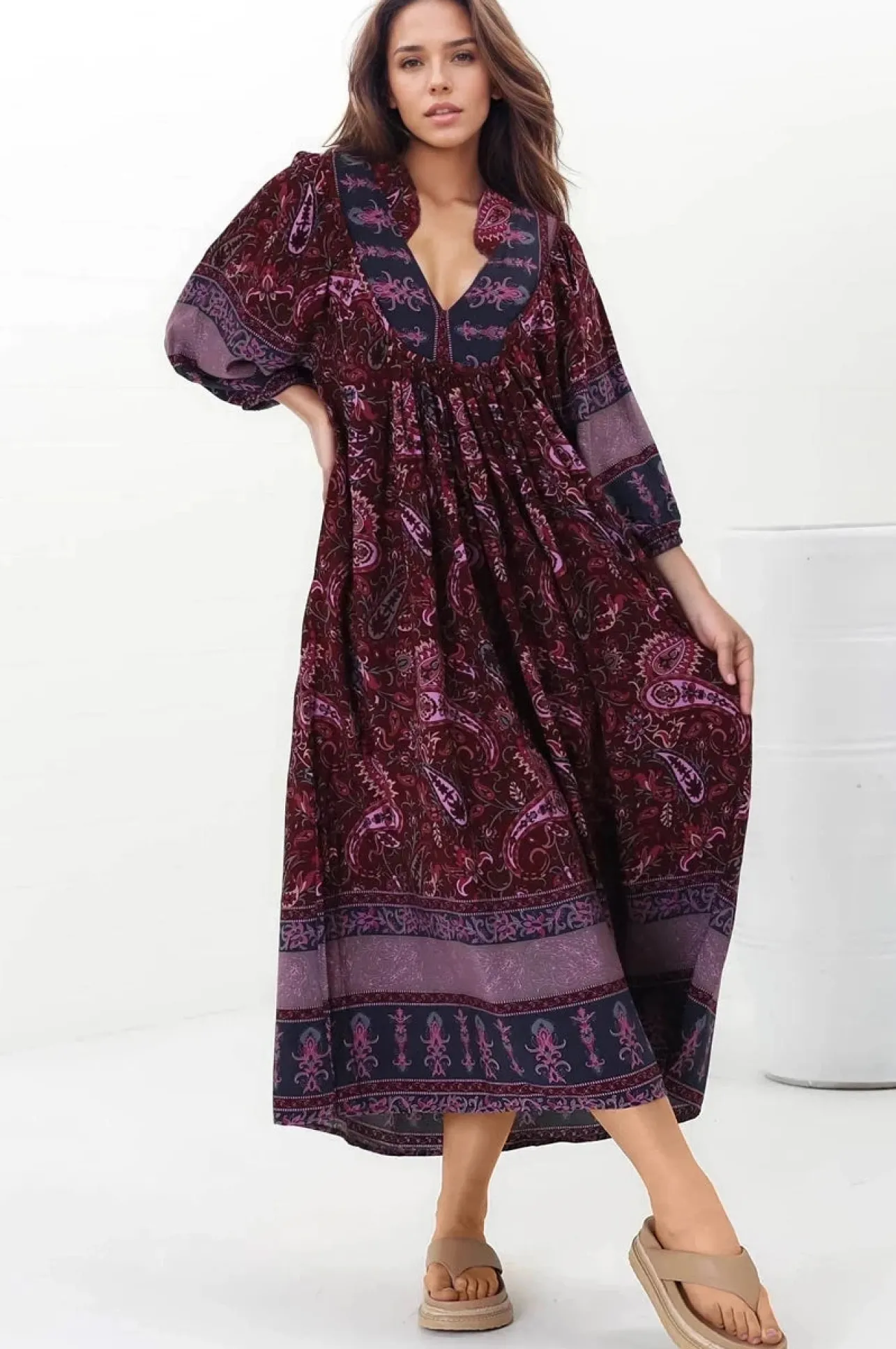 Boheme Midi Dress - Piping Defined Bust Slimline Smock Dress In Sadie Print>Jaase