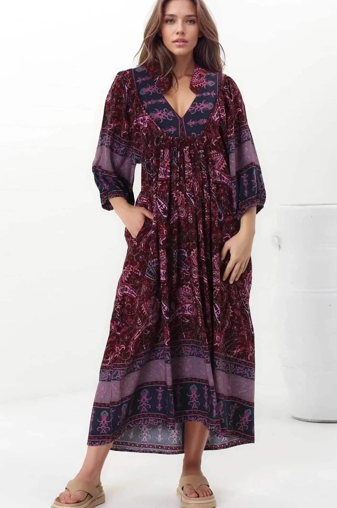 Boheme Midi Dress - Piping Defined Bust Slimline Smock Dress In Sadie Print>Jaase
