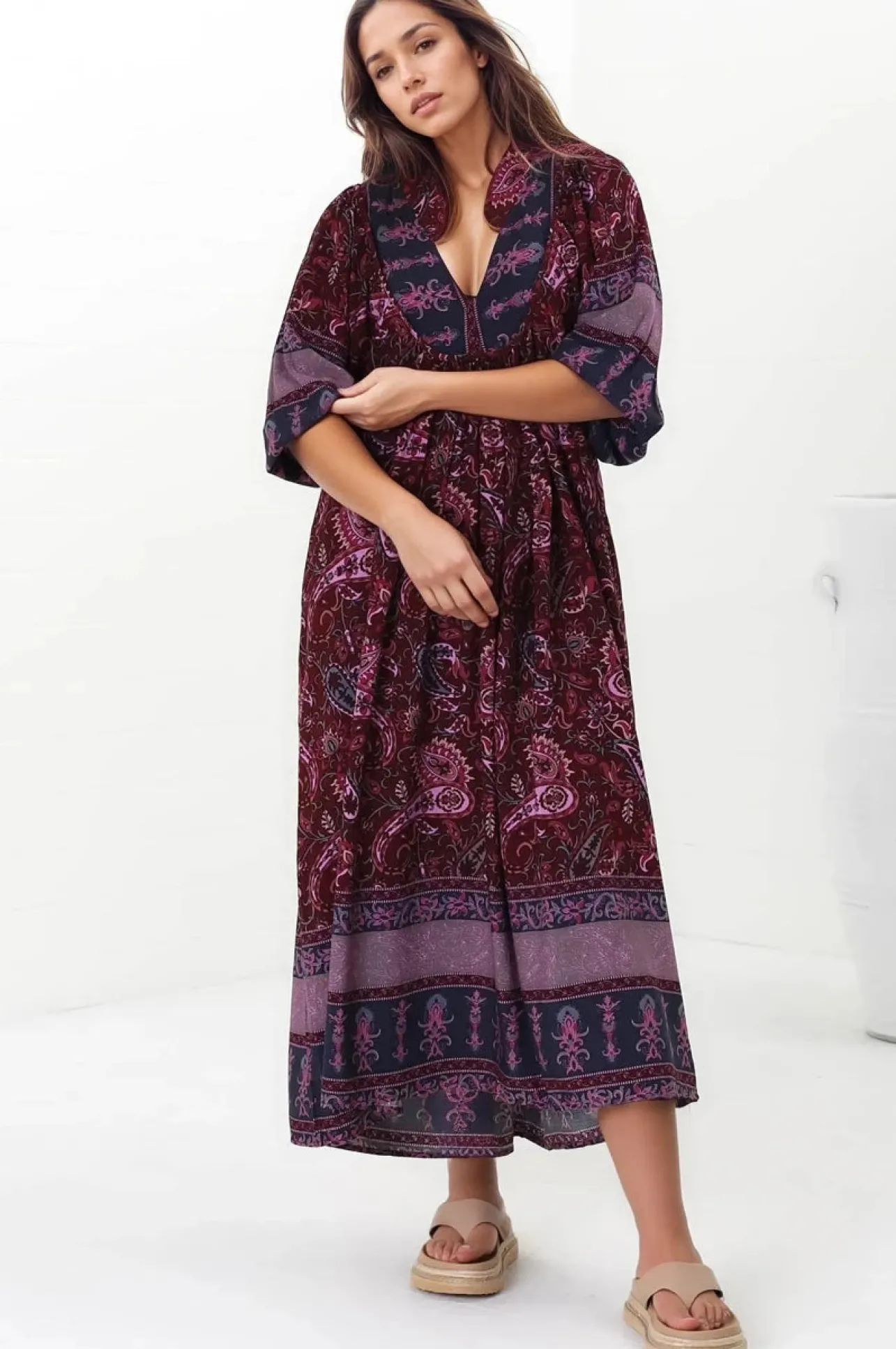 Boheme Midi Dress - Piping Defined Bust Slimline Smock Dress In Sadie Print>Jaase