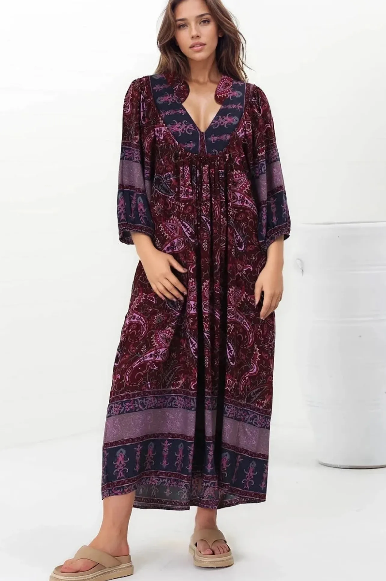 Boheme Midi Dress - Piping Defined Bust Slimline Smock Dress In Sadie Print>Jaase