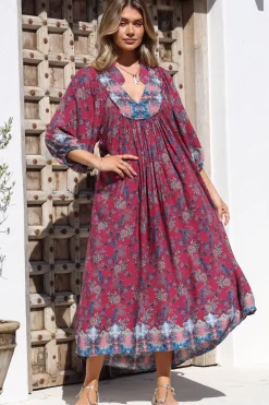 Boheme Midi Dress - Piping Defined Bust Slimline Smock Dress In Strawberry Kiss Print><noscript><img width=
