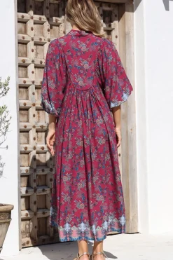 Boheme Midi Dress - Piping Defined Bust Slimline Smock Dress In Strawberry Kiss Print><noscript><img width=