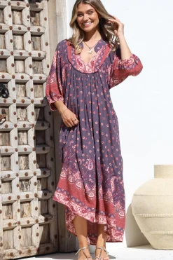 Boheme Midi Dress - Piping Defined Bust Slimline Smock Dress In Dancing Daisy Print>Jaase Discount