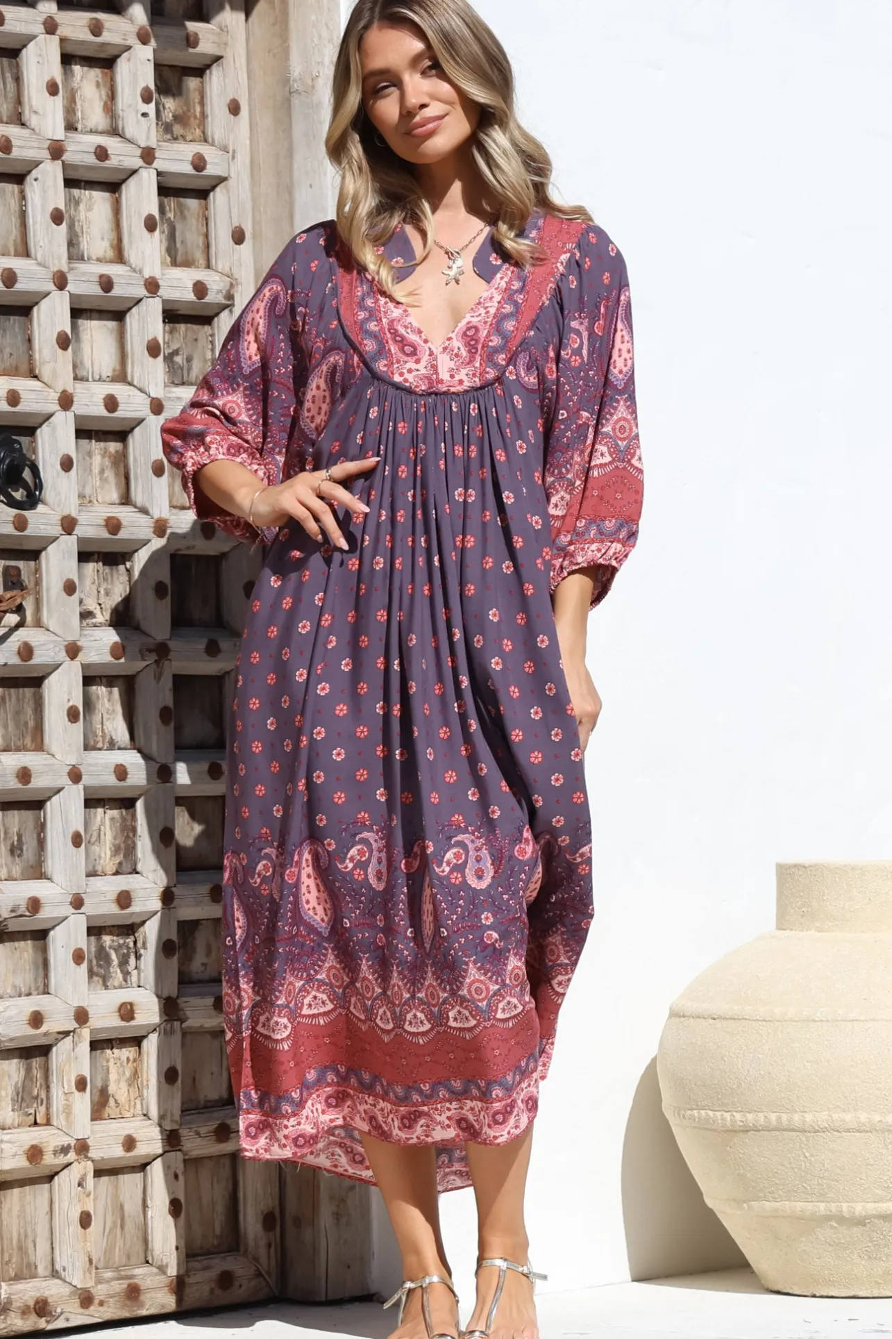 Boheme Midi Dress - Piping Defined Bust Slimline Smock Dress In Dancing Daisy Print>Jaase Discount