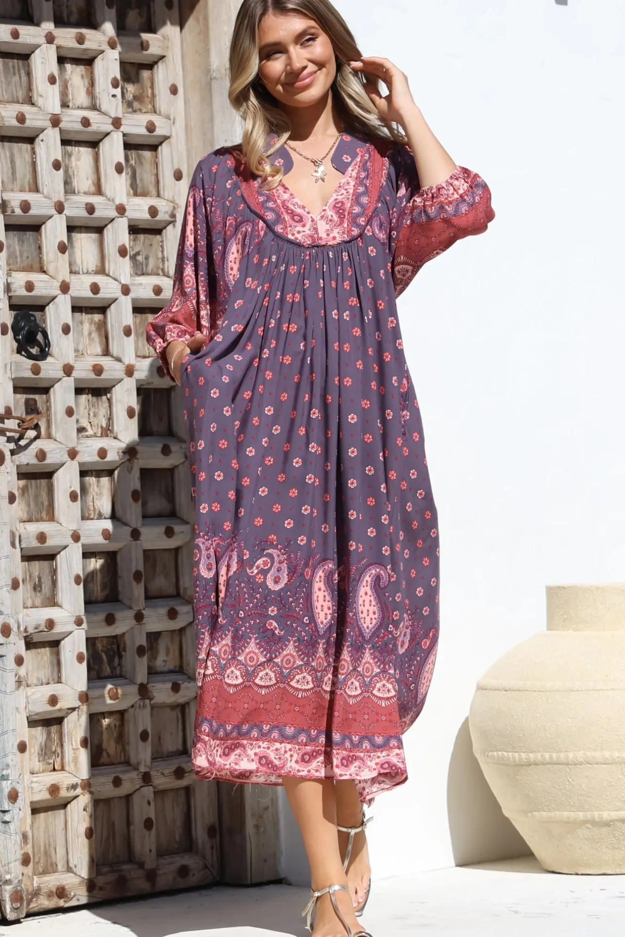 Boheme Midi Dress - Piping Defined Bust Slimline Smock Dress In Dancing Daisy Print>Jaase Discount