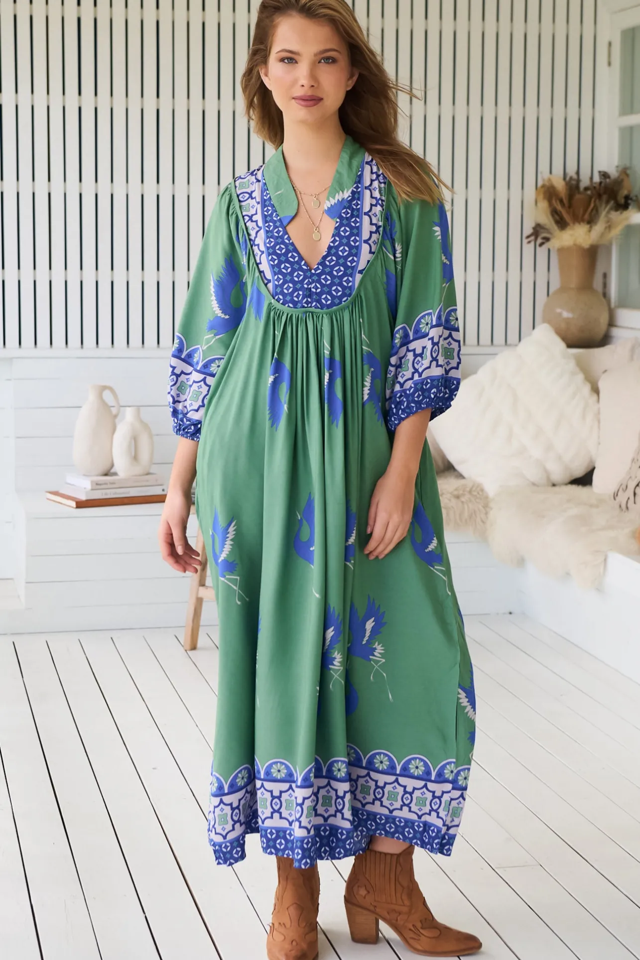 Boheme Midi Dress - Piping Defined Bust 3/4 Sleeve Smock Dress in Bluebird Print>Jaase Discount