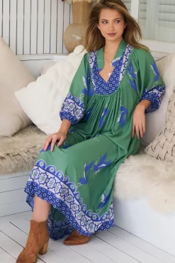 Boheme Midi Dress - Piping Defined Bust 3/4 Sleeve Smock Dress in Bluebird Print>Jaase Discount